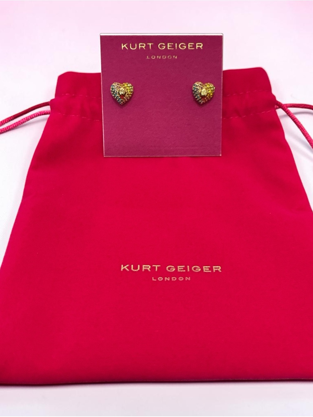 Kurt Geiger London Rainbow Crystal Heart Stud Earrings Gold Tone